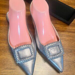 Aquatalia Weatherproof Janetta Silver Metallic Leather Slingback Flats Size 10